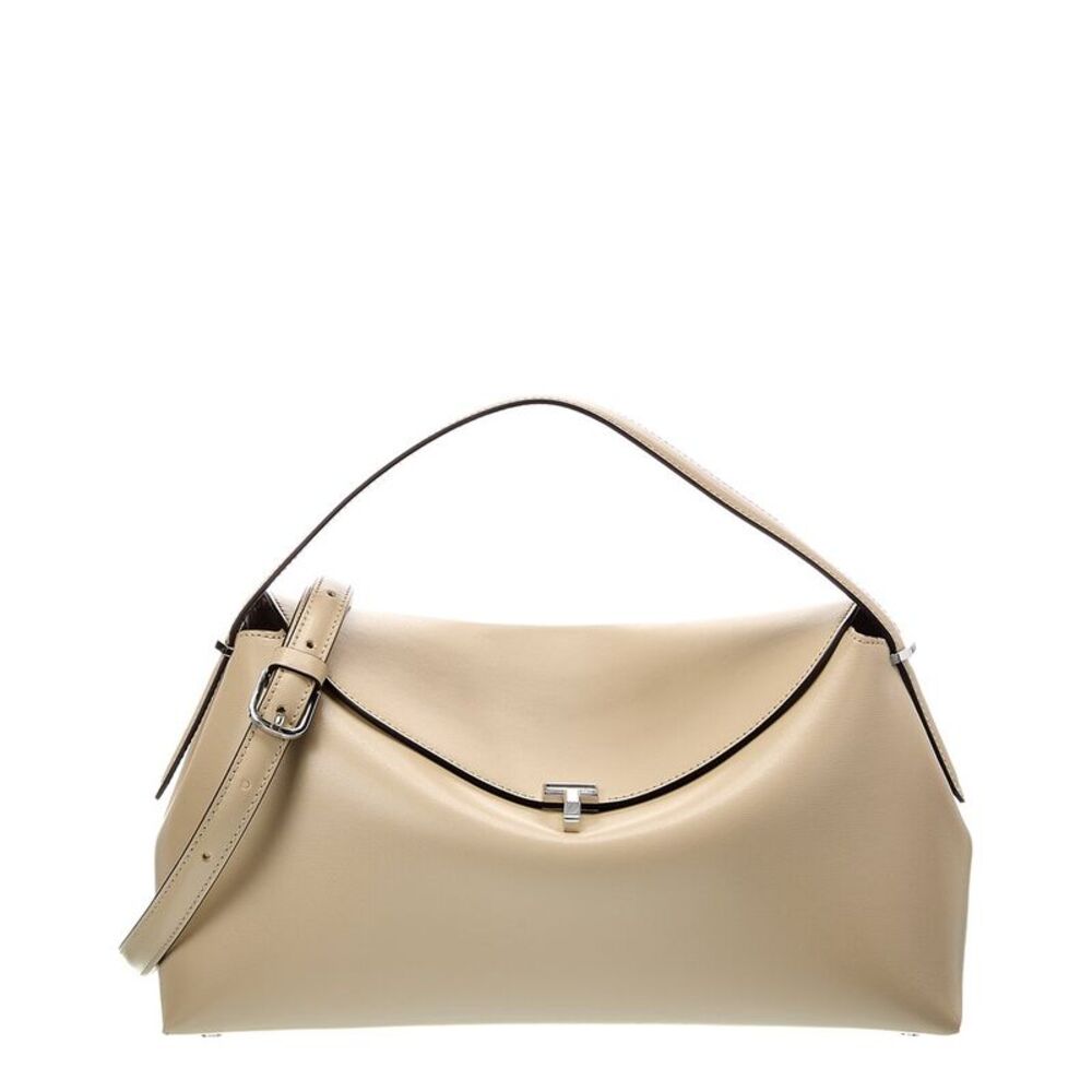 Toteme T-Lock Leather Top Handle Shoulder Bag, Beige